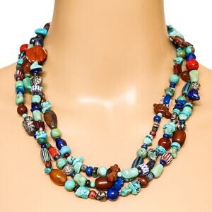 Vintage Pueblo Style Bead Necklace 61” Fetish Turquoise Coral Lapis Silver Glass